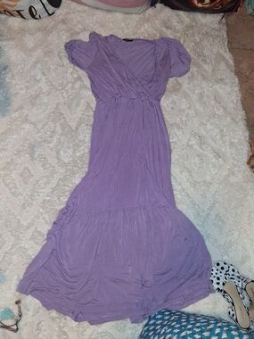 Lavender Puff-Sleeve Maxi Dress with Wrap Bodice